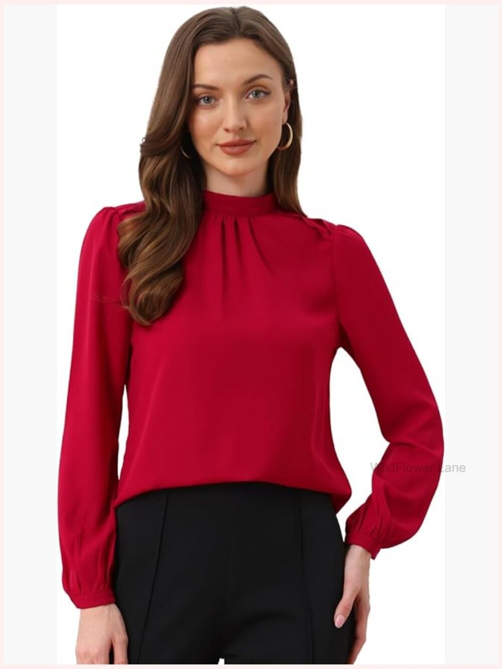 Long Sleeve Mock Neck Pleated Work Blouse Business Casual Tops